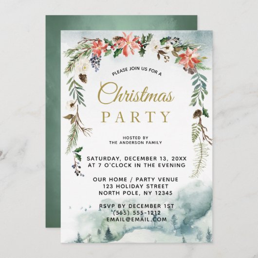 冬の素朴フローラフォレストのクリスマスパーティー 招待状 (正面/裏面)