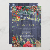 冬の素朴フローラブライダルシャワー | ネイビーウッド 招待状 (正面/裏面)