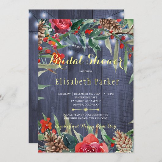 冬の素朴フローラブライダルシャワー | ネイビーウッド 招待状 (正面/裏面)