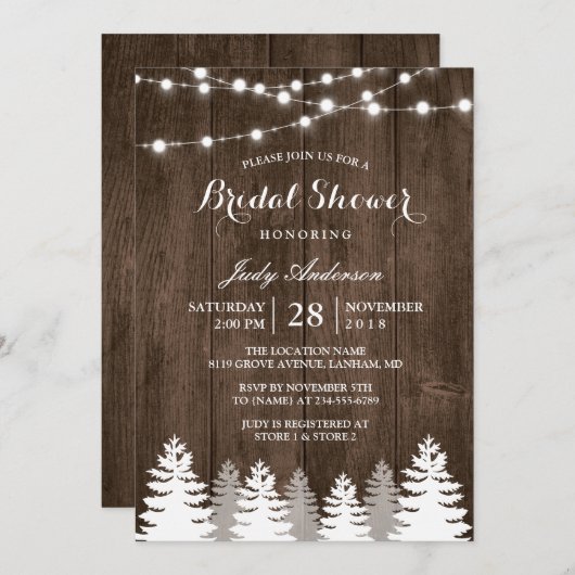 冬の素朴ブライダルシャワーストリングライトパインツリー 招待状 (正面/裏面)