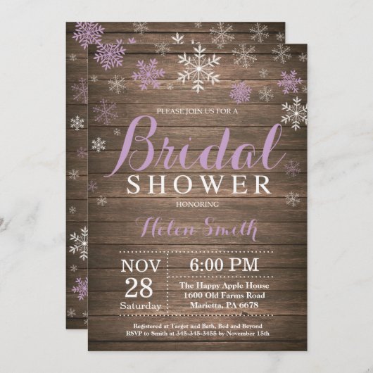 冬の素朴ブライダルシャワー紫の雪片 招待状 (正面/裏面)