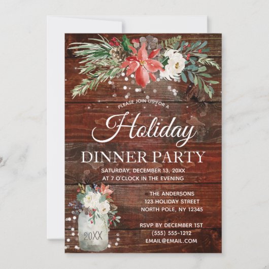 冬の素朴ホリデーライツフローラディナーパーティー 招待状 (正面)