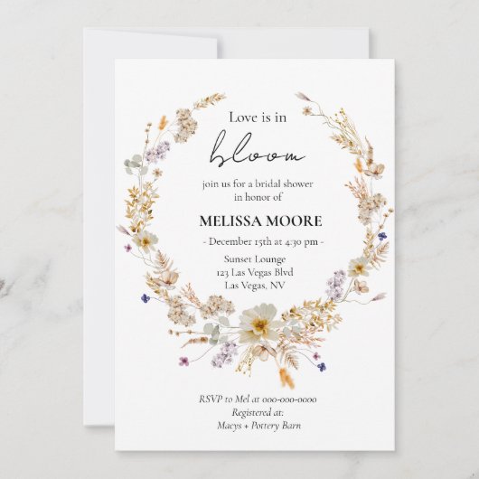 冬の素朴ボホラブイズイン開花ブライダルシャワー 招待状 (正面)