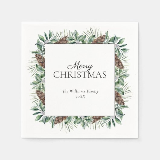 冬の素朴モミのコーンのメリークリスマス スタンダードカクテルナプキン (正面)