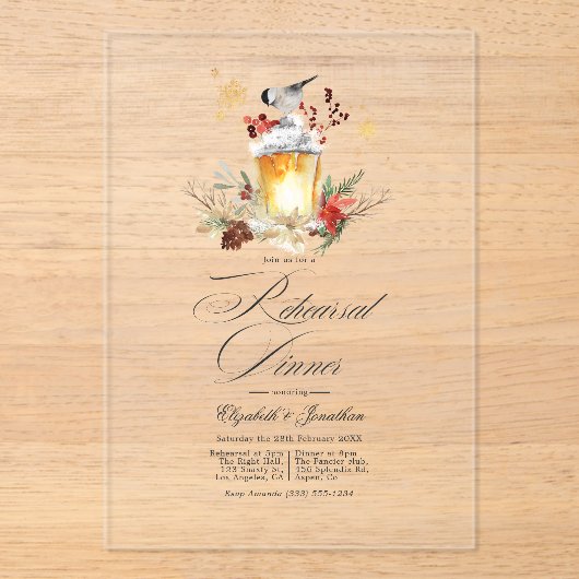 冬の素朴ランタン透明リハーサルディナー アクリル招待状 (正面)