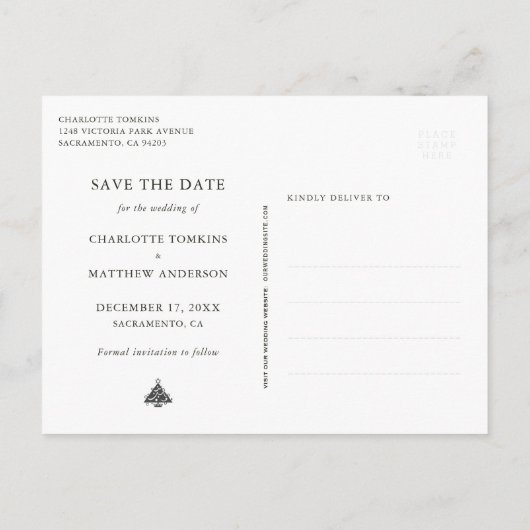 冬の素朴休日の結婚式の日付写真を保存 案内ポストカード (裏面)