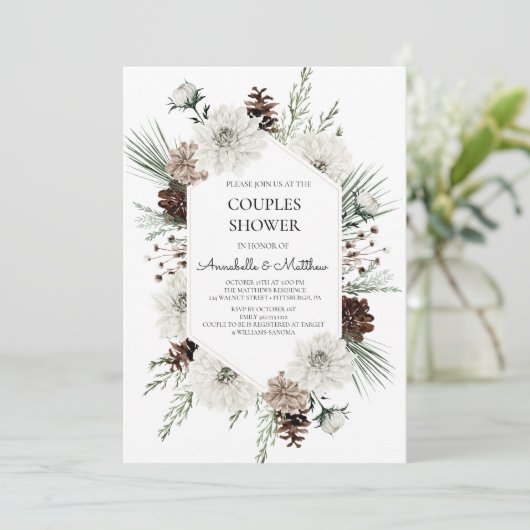 冬の素朴休日カップルのシャワー 招待状 (スタンド正面)