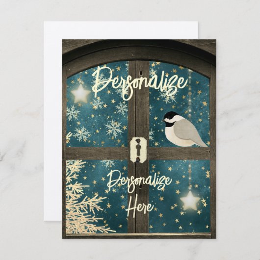 冬の素朴客室の窓の星の雪の結晶 エンクロージャーカード (正面/裏面)