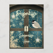 冬の素朴客室の窓の星の雪の結晶 エンクロージャーカード (正面)