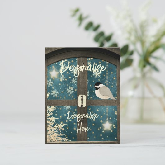 冬の素朴客室の窓の星の雪の結晶 エンクロージャーカード (スタンド正面)