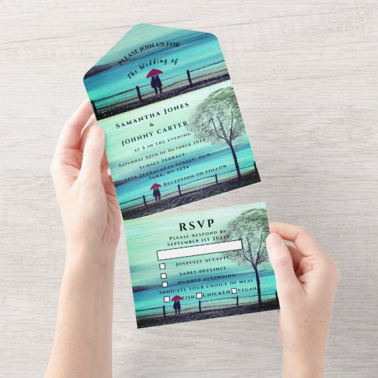 冬の素朴木のカップル樺の木国すべて1つ オールインワン招待状 (貼ってはがせる)