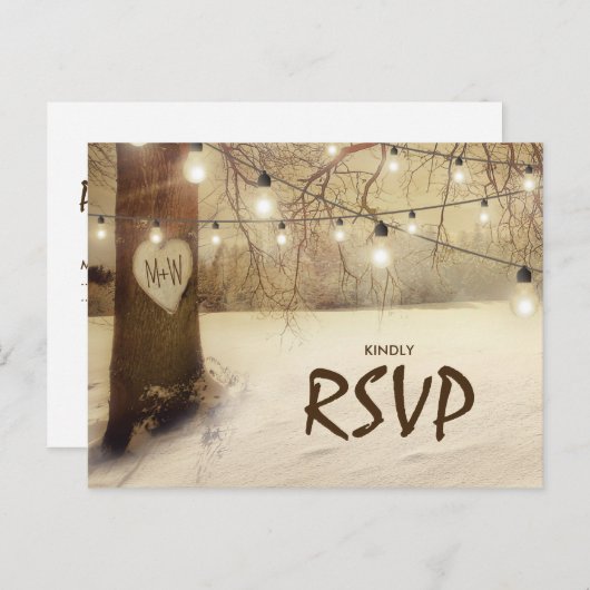 冬の素朴木のトゥインクルライツウェディングRSVP インビテーションポストカード (正面/裏面)