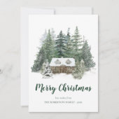 冬の素朴松の森のキャビンのクリスマス シーズンカード (正面)