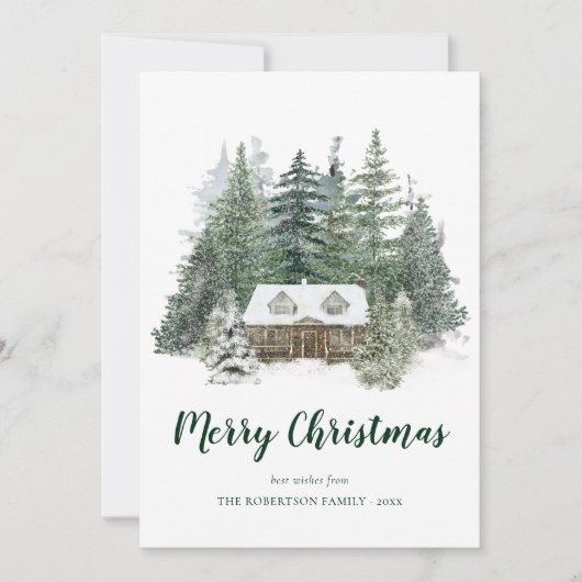 冬の素朴松の森のキャビンのクリスマス シーズンカード (正面)