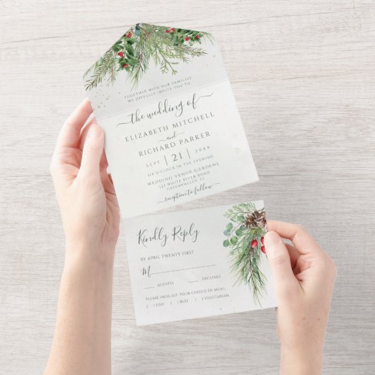 冬の素朴果実パインコーングリーンリー オールインワン招待状 (貼ってはがせる)