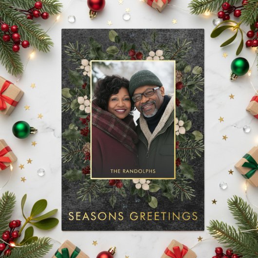 冬の素朴果実ブラッククリスマスグリーティング 箔シーズンカード