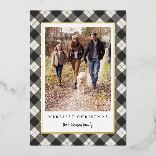 冬の素朴格子模様のクリスマスフォト 箔シーズンカード (正面)