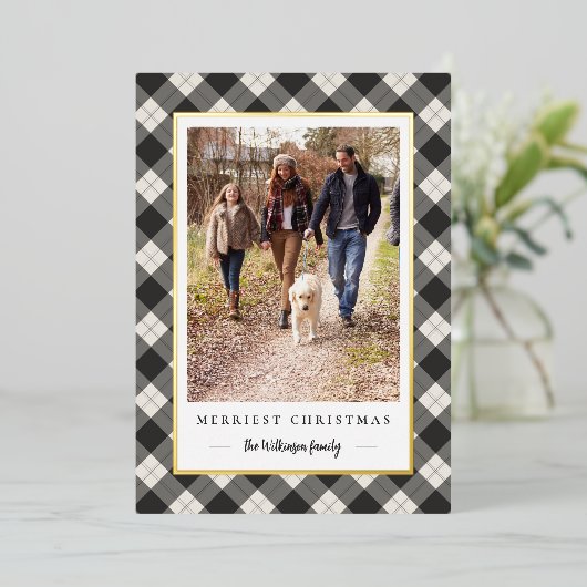 冬の素朴格子模様のクリスマスフォト 箔シーズンカード (立ち正面)