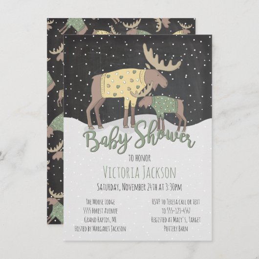 冬の素朴森のムースと赤ちゃんシャワー 招待状 (正面/裏面)