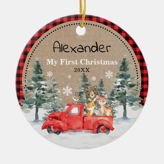 冬の素朴森の動物ベビー1stクリスマス セラミックオーナメント (正面)