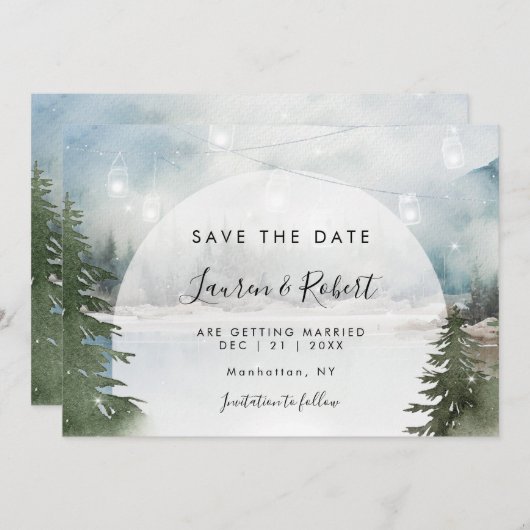 冬の素朴森の日付カードの招待を保存 セーブザデート (正面/裏面)