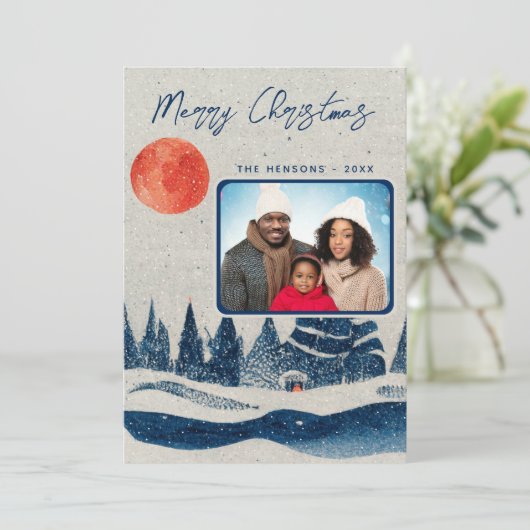 冬の素朴森の月の家族の写真クリスマス シーズンカード (スタンド正面)