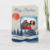 冬の素朴森の月の家族の写真クリスマス シーズンカード (正面)