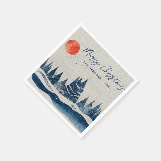 冬の素朴森の月の家族の写真クリスマス スタンダードカクテルナプキン (角)