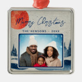 冬の素朴森の月の家族の写真クリスマス メタルオーナメント (正面)