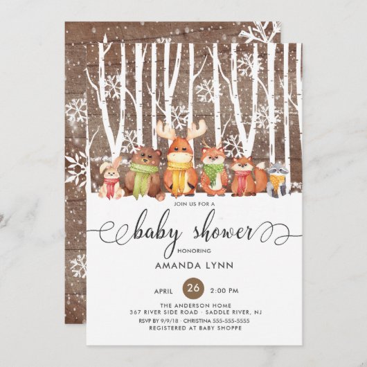 冬の素朴森林動物の赤ちゃんシャワー 招待状 (正面/裏面)