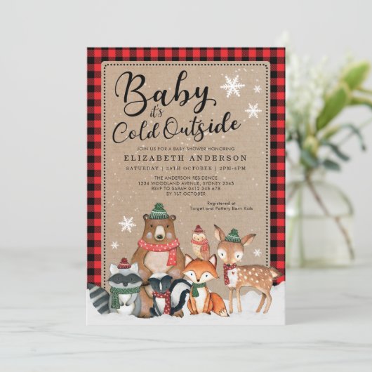 冬の素朴森林動物の赤ちゃんシャワー 招待状 (スタンド正面)