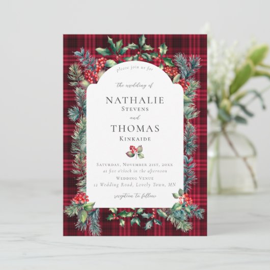 冬の素朴植物赤い果実のプラ結婚イド 招待状 (スタンド正面)