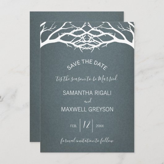 冬の素朴樺の木ツリー日付カードを保存 招待状 (正面/裏面)