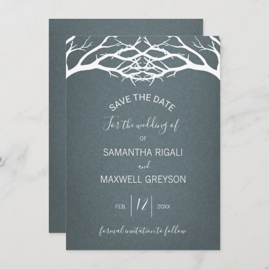 冬の素朴樺の木ツリー日付カードを保存 招待状 (正面/裏面)