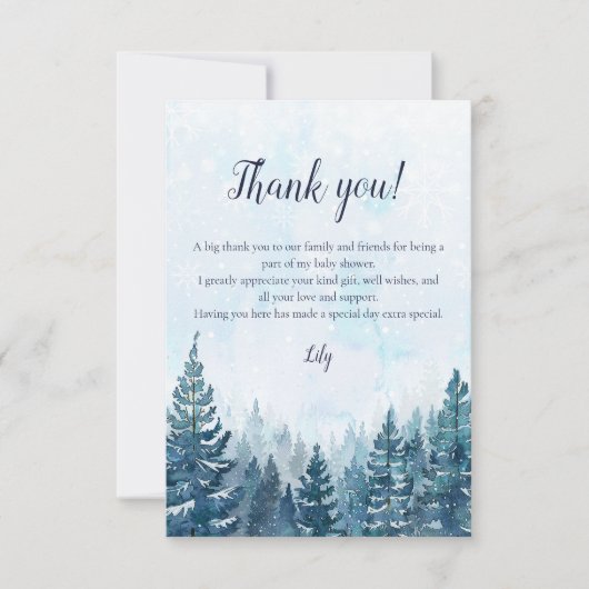 冬の素朴水の色の松の森の赤ちゃんシャワー サンキューカード (正面)