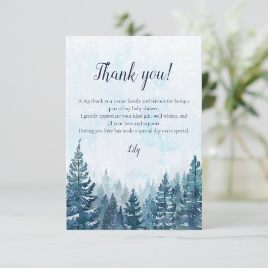 冬の素朴水の色の松の森の赤ちゃんシャワー サンキューカード (スタンド正面)