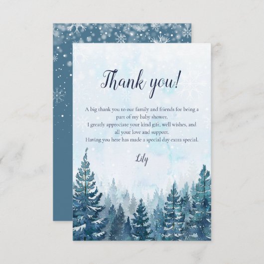 冬の素朴水の色の松の森の赤ちゃんシャワー サンキューカード (正面/裏面)