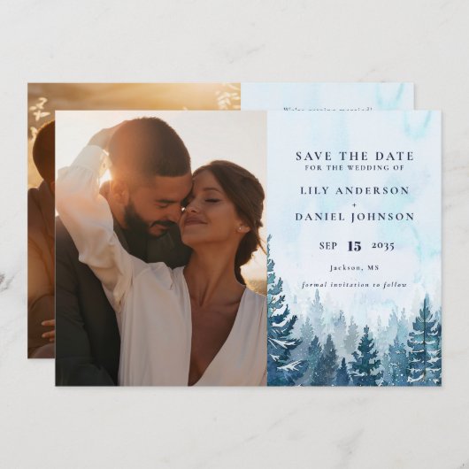 冬の素朴水彩松の森の写真QRコード セーブザデート (正面/裏面)