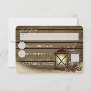 冬の素朴納屋の木とランタンの反応 出欠カード