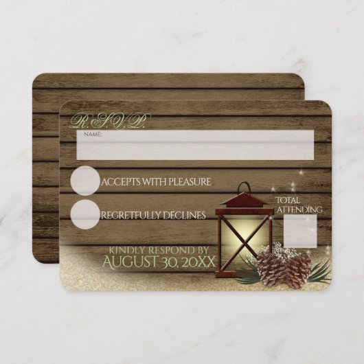冬の素朴納屋の木とランタンの反応 出欠カード (正面/裏面)
