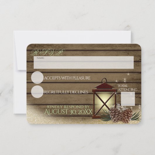 冬の素朴納屋の木とランタンの反応 出欠カード (正面)