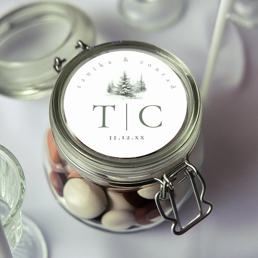 冬の素朴結婚式イニシャルの森の緑ID1049 ラウンドシール