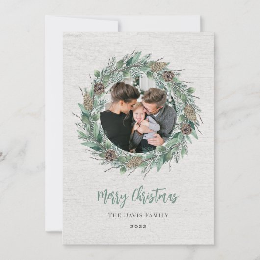 冬の素朴緑のリース白木写真 シーズンカード (正面)
