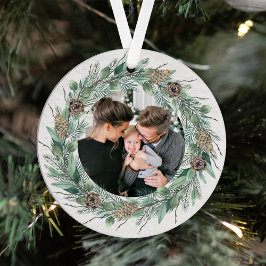 冬の素朴緑のリース白木写真 メタルオーナメント