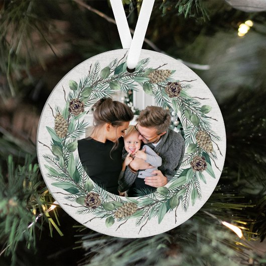 冬の素朴緑のリース白木写真 メタルオーナメント