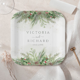 冬の素朴緑の果実パインコーン結婚ズ ペーパープレート