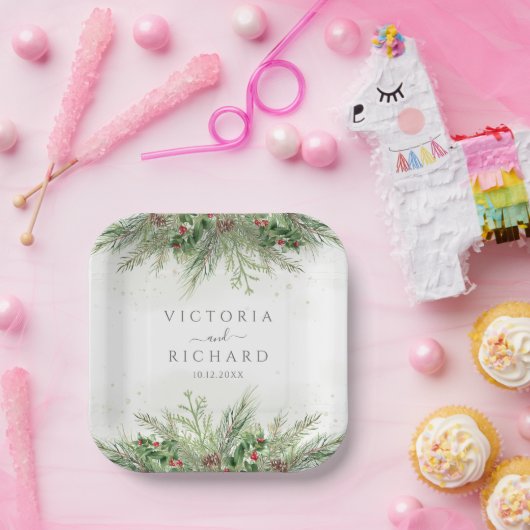 冬の素朴緑の果実パインコーン結婚ズ ペーパープレート (パーティー)