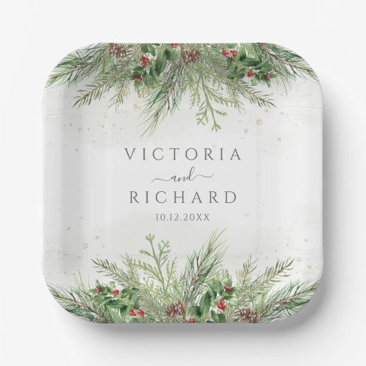 冬の素朴緑の果実パインコーン結婚ズ ペーパープレート (正面)