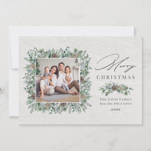 冬の素朴緑の白い木の写真 シーズンカード (正面)