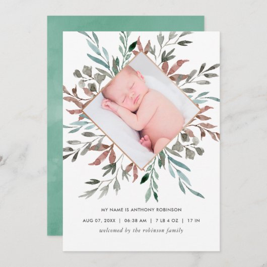 冬の素朴緑の誕生発表カード 案内状 (正面/裏面)